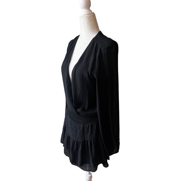 krisa Smocked Surplice Dress in Black XSmall New Womens Mini Long Sleeve - Picture 5 of 9